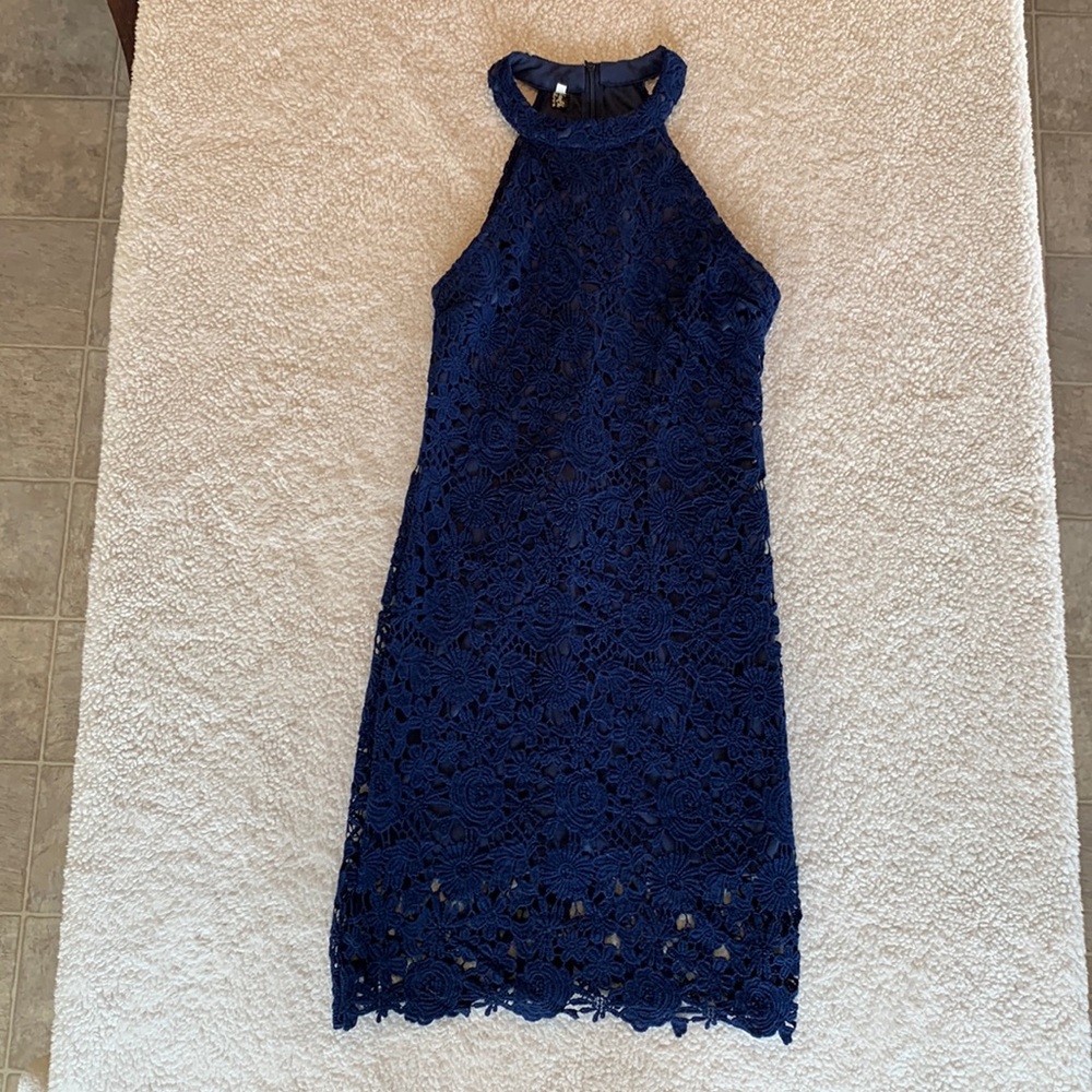 Blue High Neck Bodycon Lace Dress